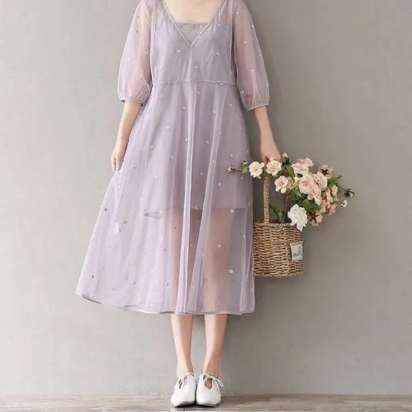 Mferlier Mori Girl Artsy Mesh Summer Dress V Neck Short Sleeve Embroidery Women Loose Casual Two Pieces Summer Dresses