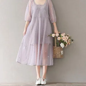 Mferlier Mori Girl Artsy Mesh Summer Dress V Neck Short Sleeve Embroidery Women Loose Casual Two Pieces Summer Dresses