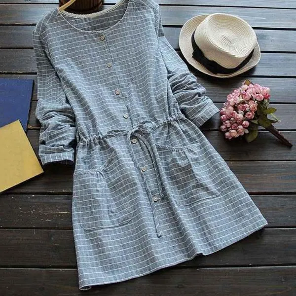 Mferlier Mori Girl Autumn Winter Artsy Plaid Dress O Neck Drawstring Waist Sweet Pocket Lace Patchwork Blue Pink Dresses