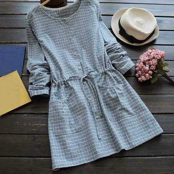 Mferlier Mori Girl Autumn Winter Artsy Plaid Dress O Neck Drawstring Waist Sweet Pocket Lace Patchwork Blue Pink Dresses