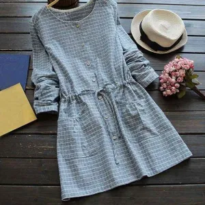 Mferlier Mori Girl Autumn Winter Artsy Plaid Dress O Neck Drawstring Waist Sweet Pocket Lace Patchwork Blue Pink Dresses