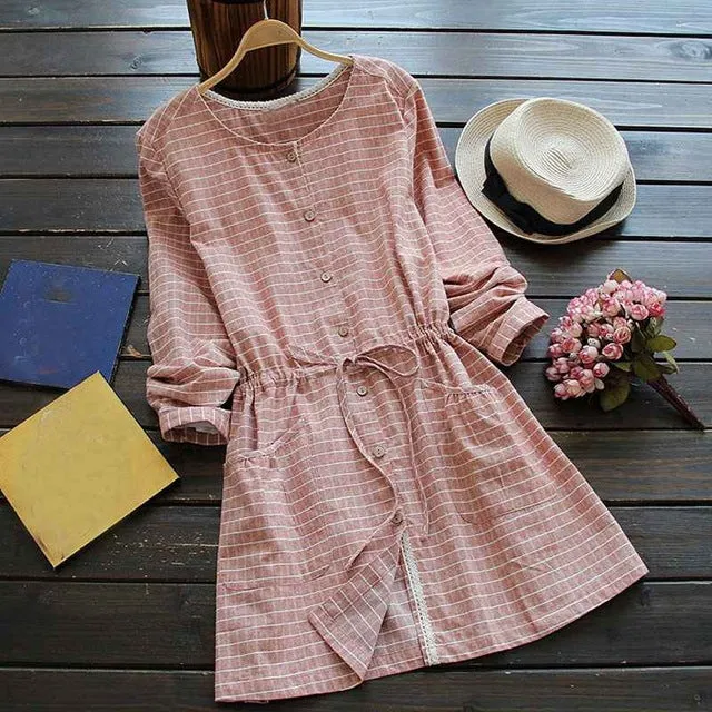 Mferlier Mori Girl Autumn Winter Artsy Plaid Dress O Neck Drawstring Waist Sweet Pocket Lace Patchwork Blue Pink Dresses