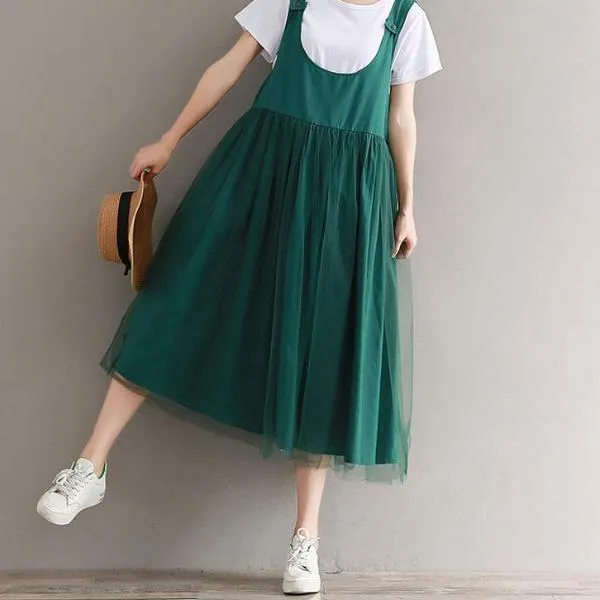 Mferlier Mori Girl Sleeveless Green Summer Dress O Neck Mesh Patchwork Loose Casual Women Solid All Match Artsy