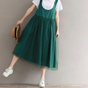 Mferlier Mori Girl Sleeveless Green Summer Dress O Neck Mesh Patchwork Loose Casual Women Solid All Match Artsy