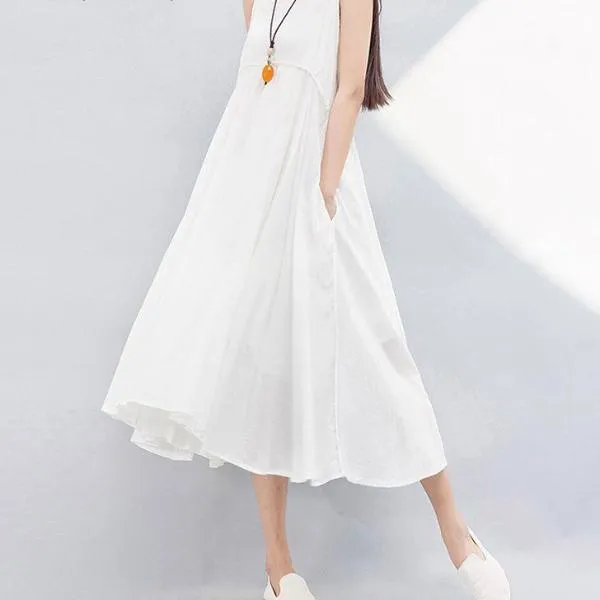 Mferlier Mori Girl Summer Solid Artsy A Line Dress Spaghetti Strap High Waist Pleated White Yellow Blue Dresses