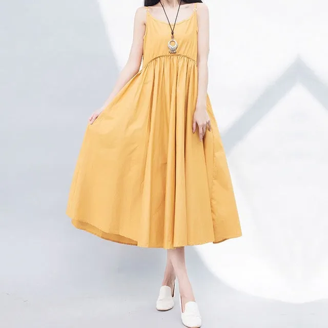 Mferlier Mori Girl Summer Solid Artsy A Line Dress Spaghetti Strap High Waist Pleated White Yellow Blue Dresses