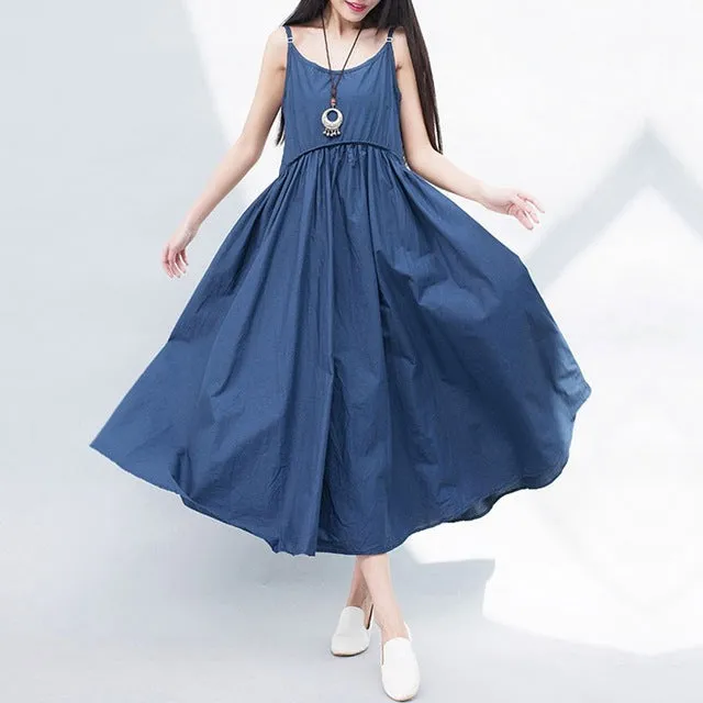 Mferlier Mori Girl Summer Solid Artsy A Line Dress Spaghetti Strap High Waist Pleated White Yellow Blue Dresses