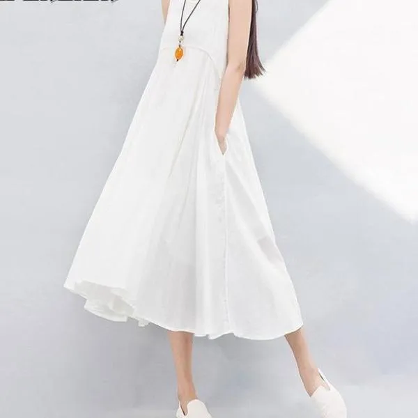 Mferlier Mori Girl Summer Solid Artsy A Line Dress Spaghetti Strap High Waist Pleated White Yellow Blue Dresses