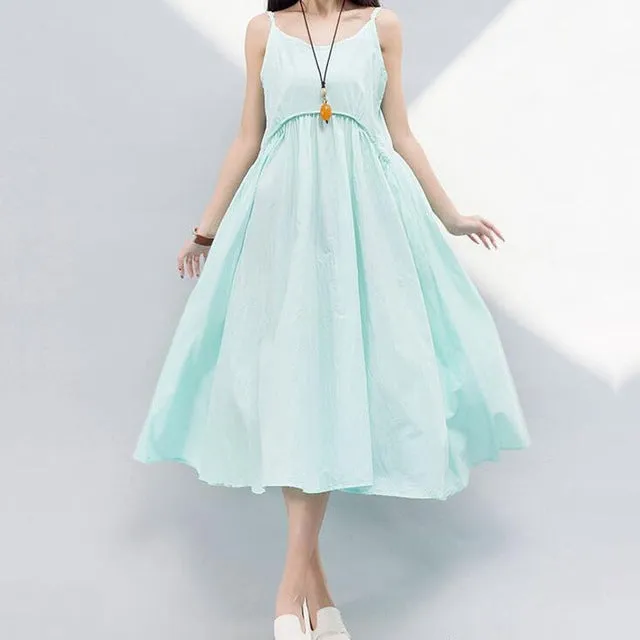 Mferlier Mori Girl Summer Solid Artsy A Line Dress Spaghetti Strap High Waist Pleated White Yellow Blue Dresses