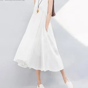 Mferlier Mori Girl Summer Solid Artsy A Line Dress Spaghetti Strap High Waist Pleated White Yellow Blue Dresses