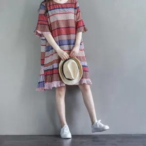 Mferlier Women Artsy Pleated Chiffon Dress O Neck Butterfly Sleeve Ruffles Hem Patchwork Summer Beach Dress