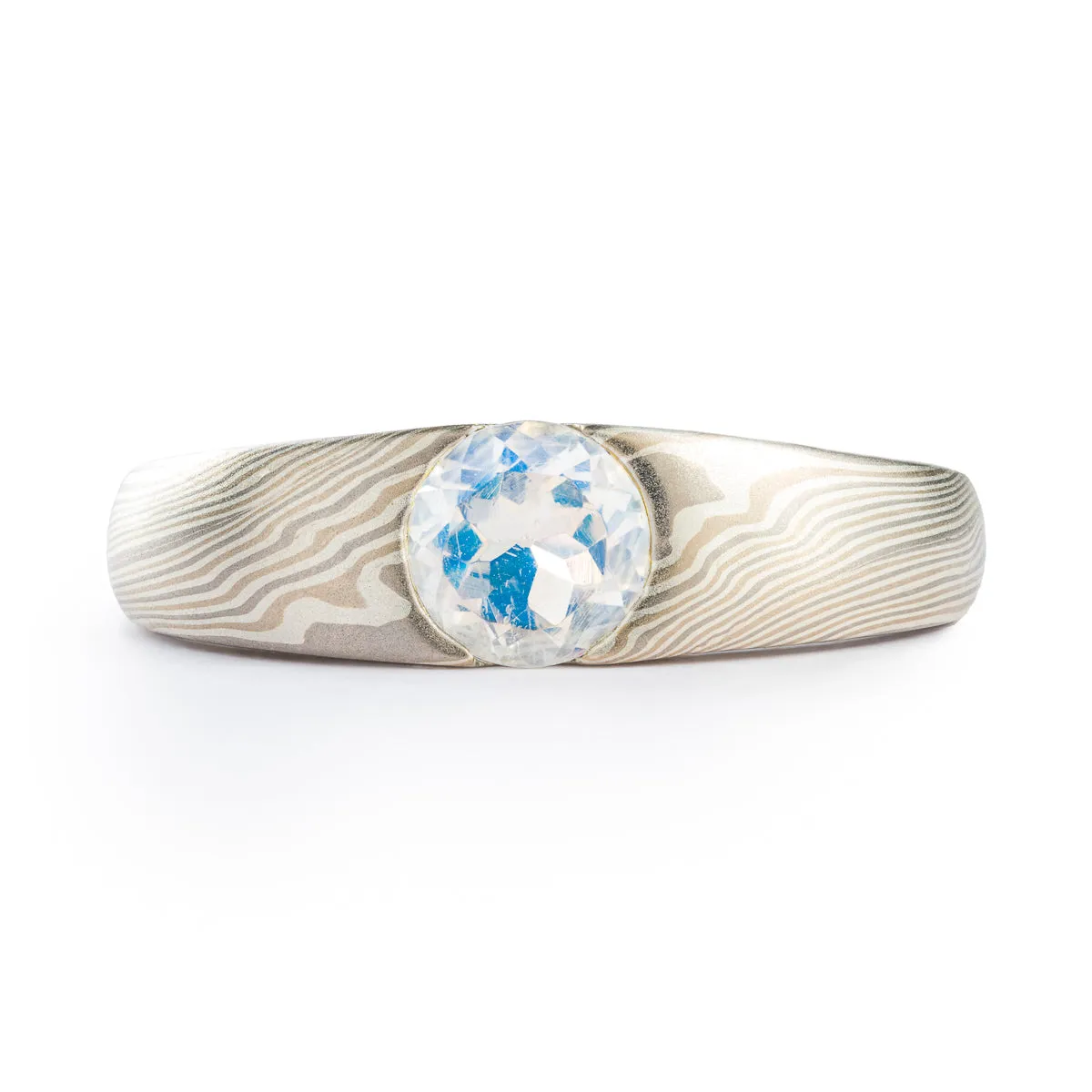 Mokume Gane Elegant Engagement Ring with Moonstone