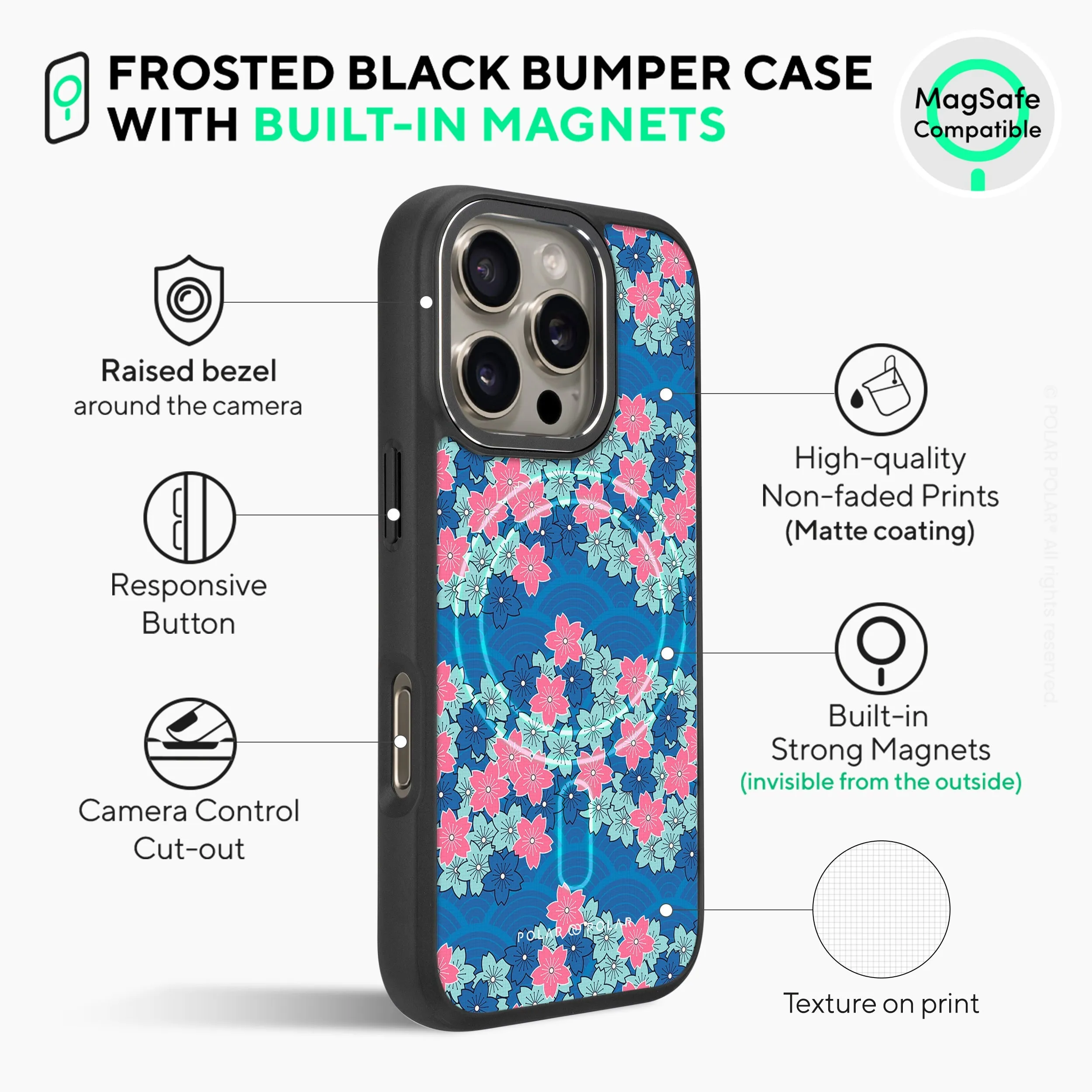 Navy Sakura Wave - iPhone 16 Pro Frosted Black Bumper MagSafe Case