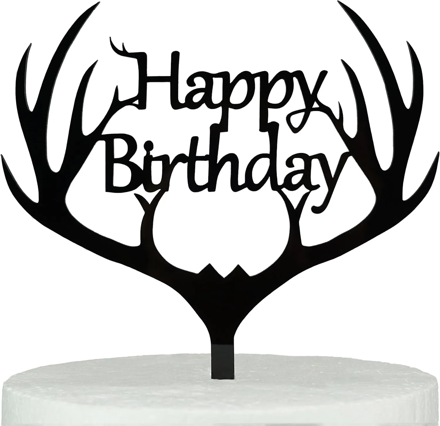 New in box! LOVENJOY Gift Boxed Antler Happy Birthday Cake Topper Black, Frosted Acrylic