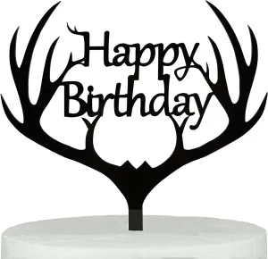 New in box! LOVENJOY Gift Boxed Antler Happy Birthday Cake Topper Black, Frosted Acrylic