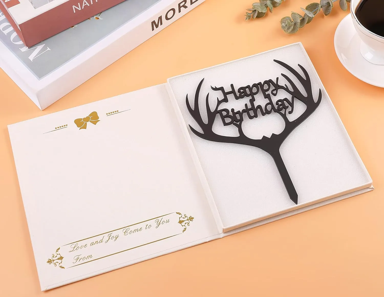 New in box! LOVENJOY Gift Boxed Antler Happy Birthday Cake Topper Black, Frosted Acrylic