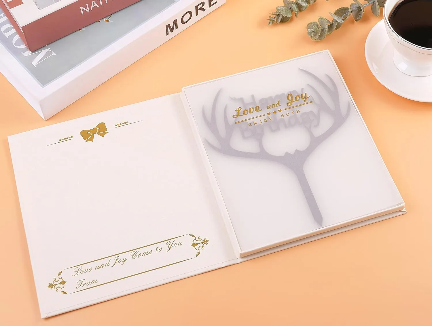 New in box! LOVENJOY Gift Boxed Antler Happy Birthday Cake Topper Black, Frosted Acrylic