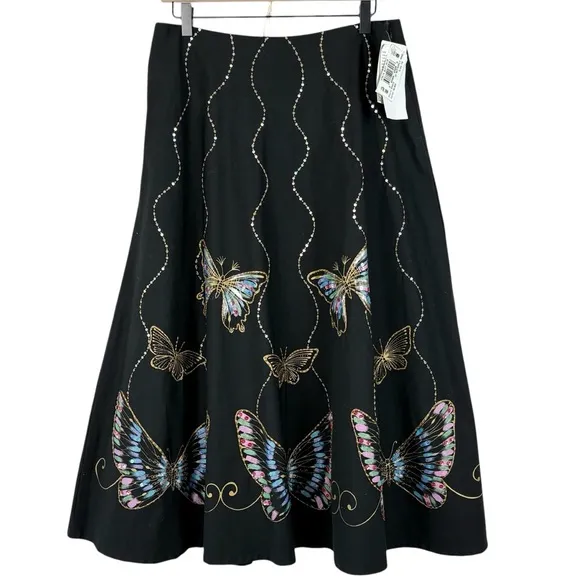 NWT Gracie &amp; Me 10 Butterflies Bead Sequins Bling Gold Skirt Boho Art Bohemian