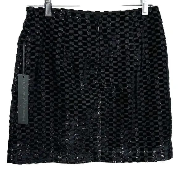 NWT House of Harlow 1960 Women's Black Checkered Velvet A-Line Mini Skirt XS