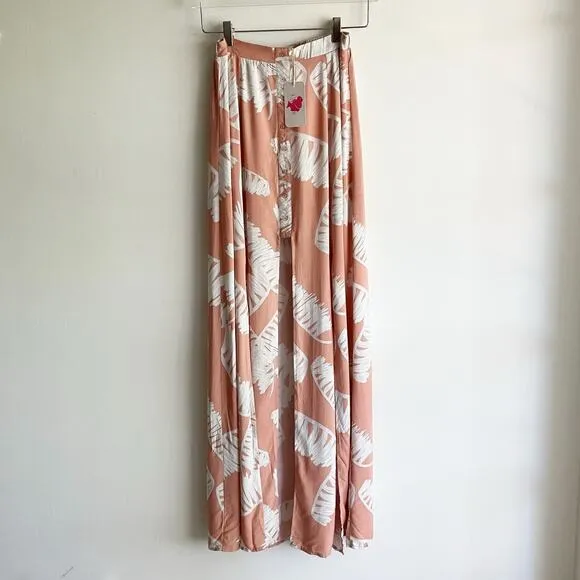 NWT L'Atiste by Amy Small Maxi Skirt Leaf Print Slits Strips Buttons Pattern