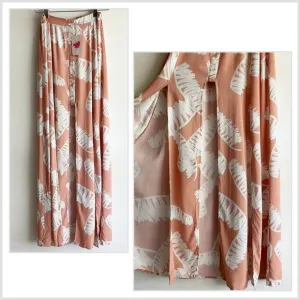 NWT L'Atiste by Amy Small Maxi Skirt Leaf Print Slits Strips Buttons Pattern
