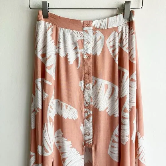 NWT L'Atiste by Amy Small Maxi Skirt Leaf Print Slits Strips Buttons Pattern
