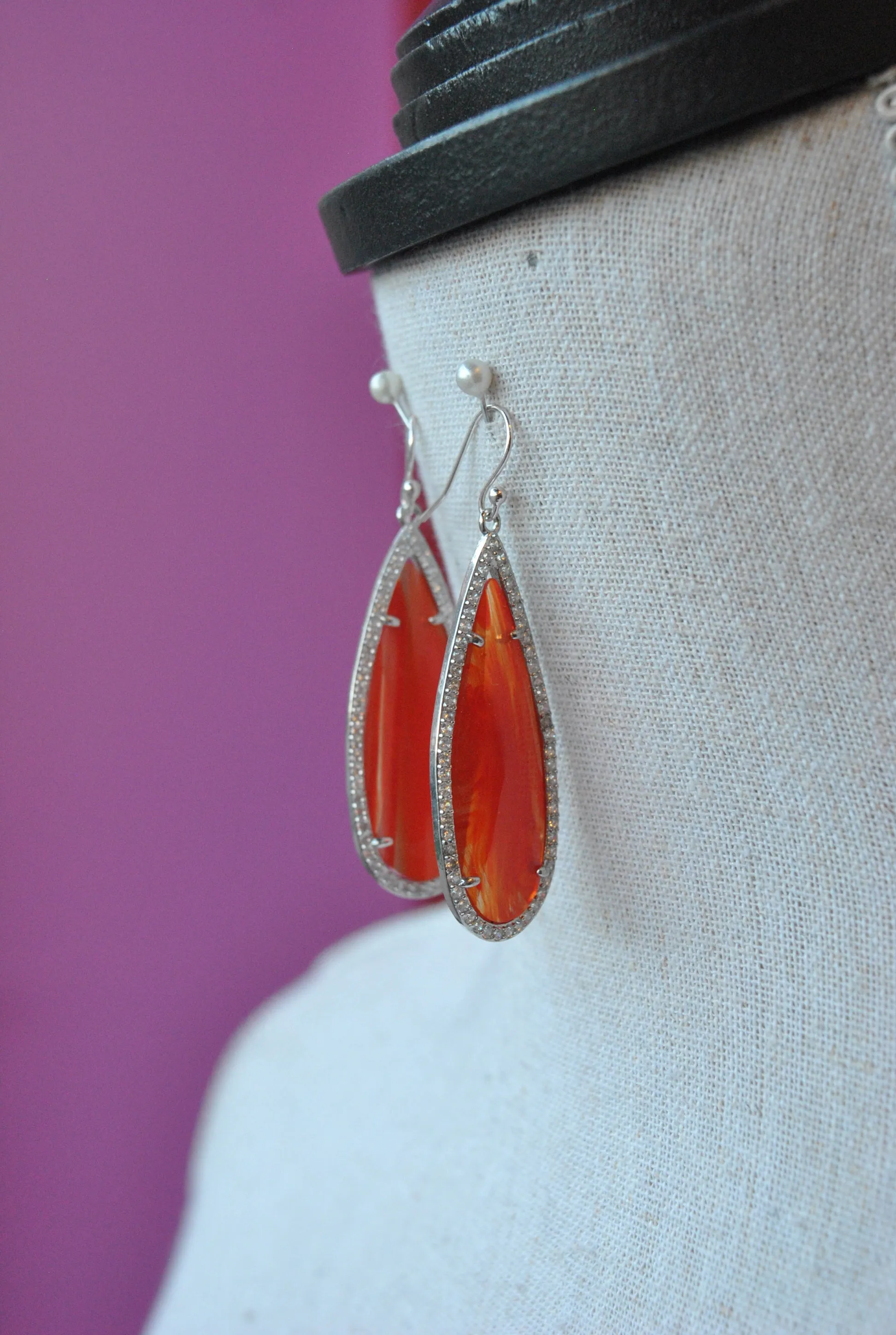 ORANGE GLASS TEARDROP AND RHINESTONES ELEGANT EARRINGS