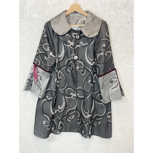 Pani Mezon Jacket Coat Swing Wide Collar Silver Grey Swirl Artistic M