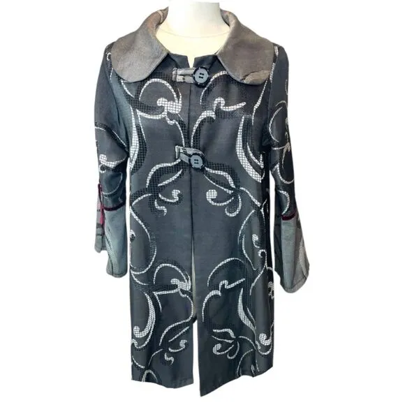 Pani Mezon Jacket Coat Swing Wide Collar Silver Grey Swirl Artistic M