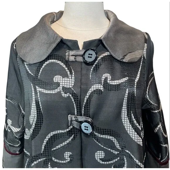 Pani Mezon Jacket Coat Swing Wide Collar Silver Grey Swirl Artistic M