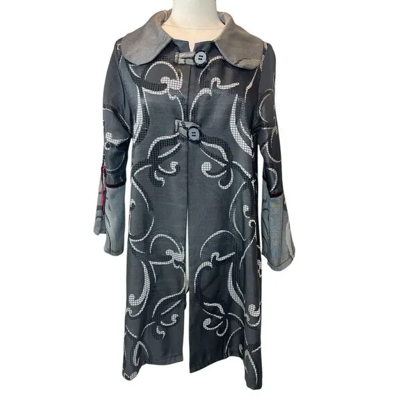 Pani Mezon Jacket Coat Swing Wide Collar Silver Grey Swirl Artistic M