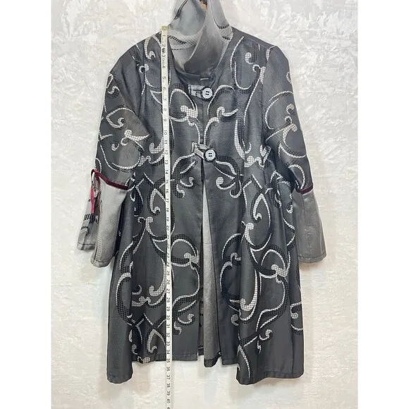 Pani Mezon Jacket Coat Swing Wide Collar Silver Grey Swirl Artistic M