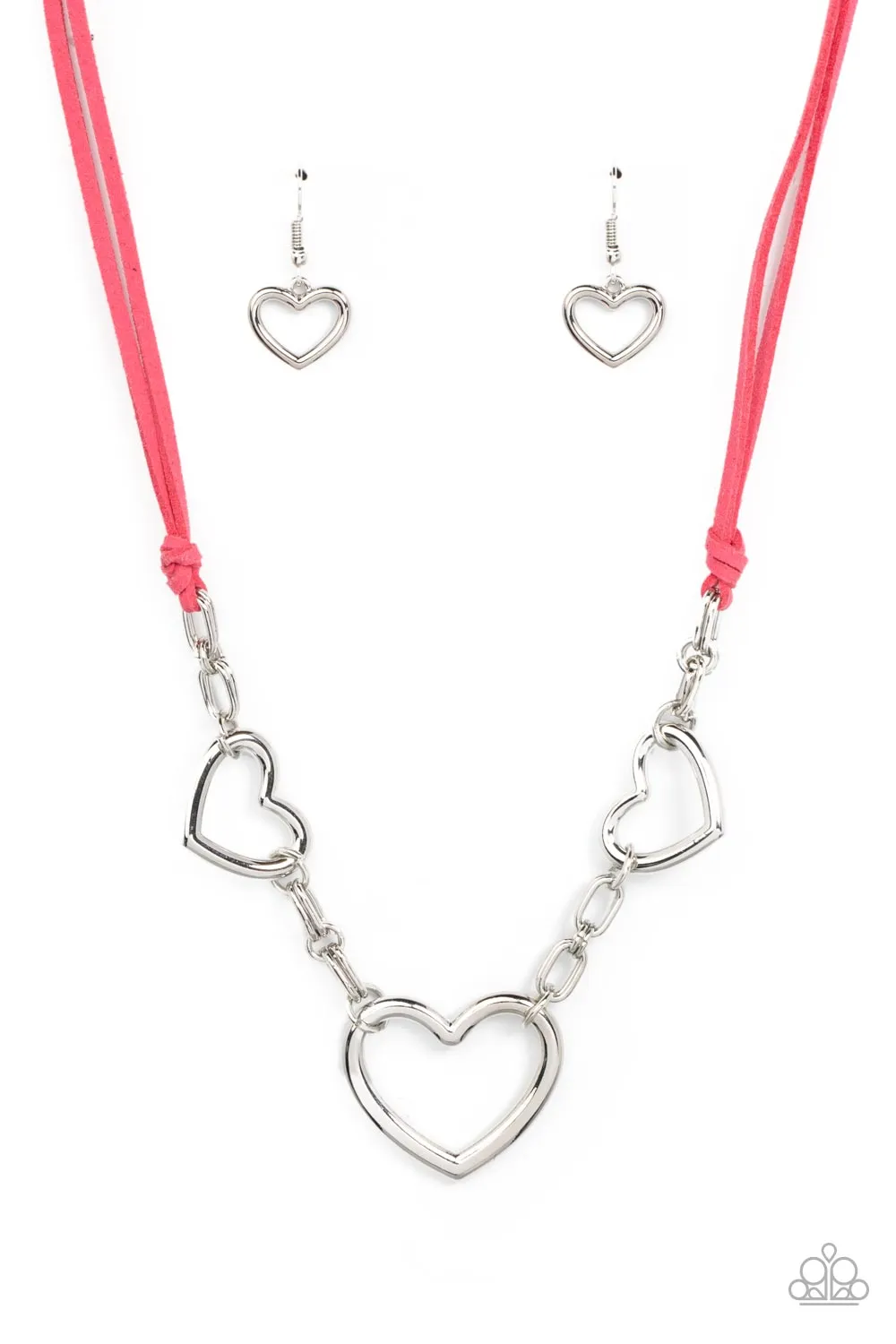 Paparazzi " Fashionable Flirt " Silver Metal Hearts & Pink Leather Corded Necklace Set