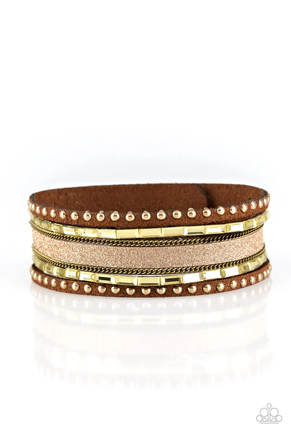 Paparazzi " Seize the Sass " Brown LEATHER & Brass Studs and Chains Snap Bracelet