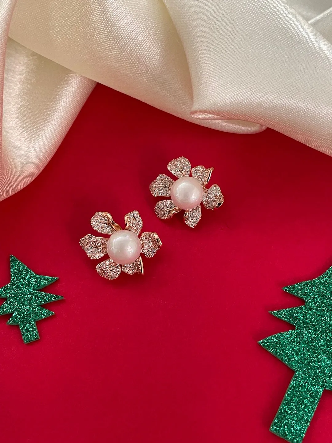 Pearl Flower Stud AD CZ Earrings | Festive Party Wear Jewelry for Women