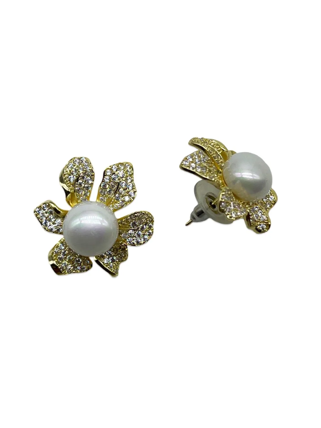 Pearl Flower Stud AD CZ Earrings | Festive Party Wear Jewelry for Women