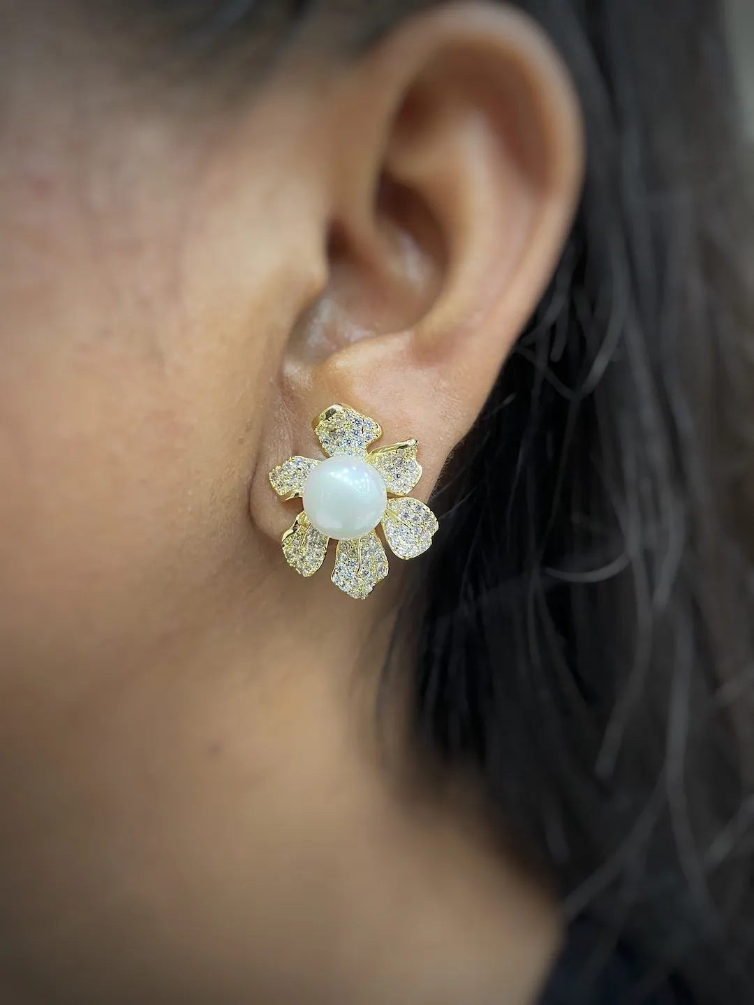 Pearl Flower Stud AD CZ Earrings | Festive Party Wear Jewelry for Women