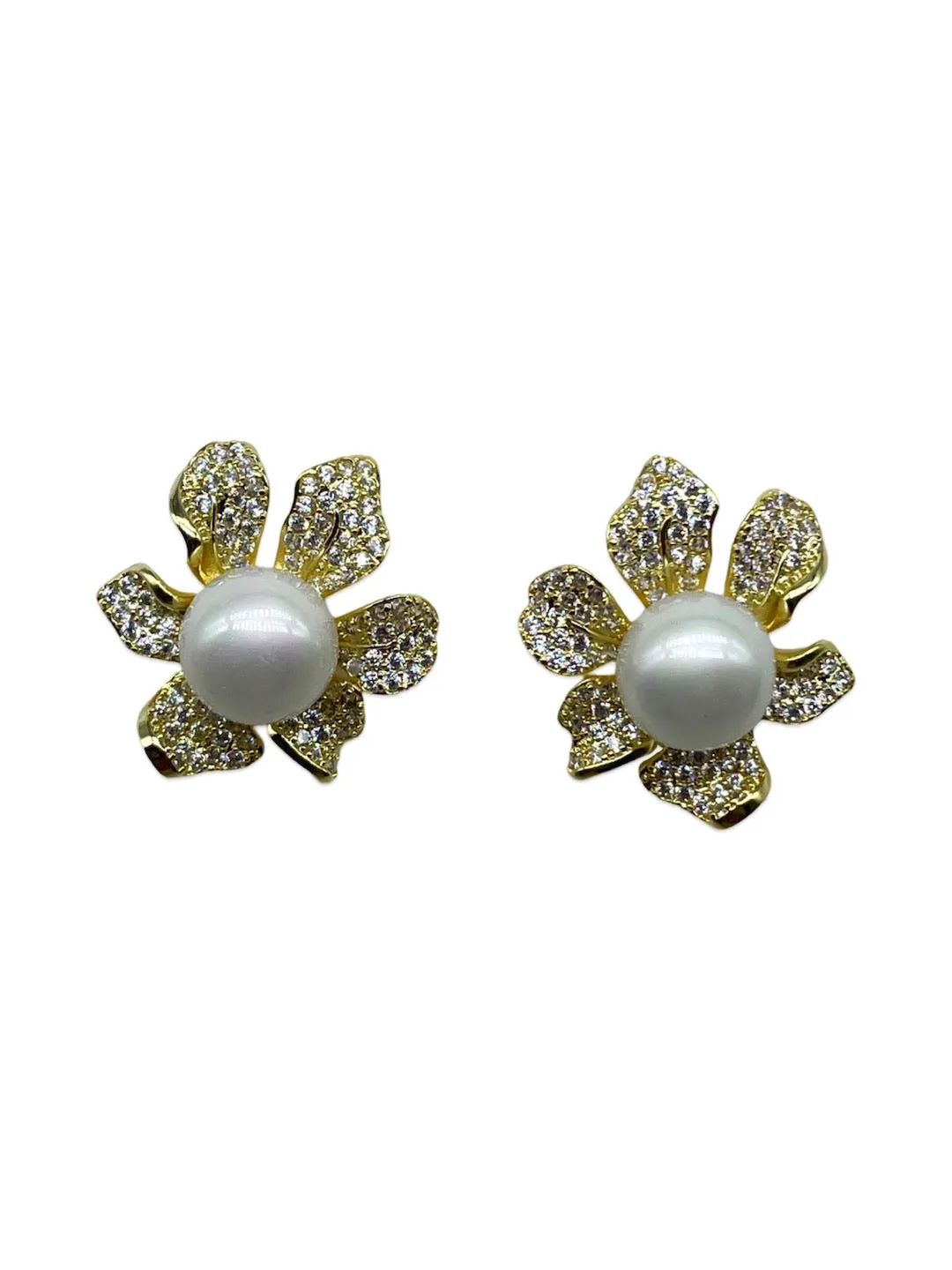Pearl Flower Stud AD CZ Earrings | Festive Party Wear Jewelry for Women