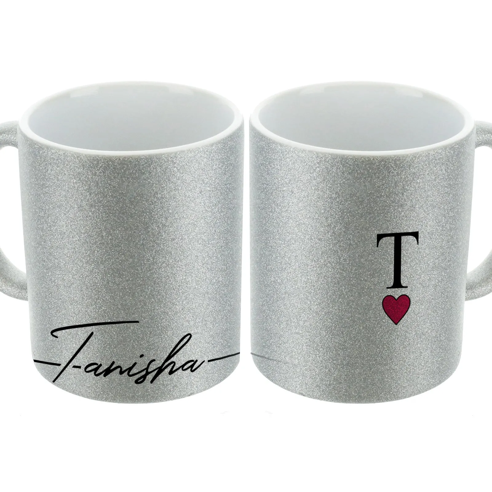 Personalised Glitter Mug with Elegant Text and Heart Accented Initial