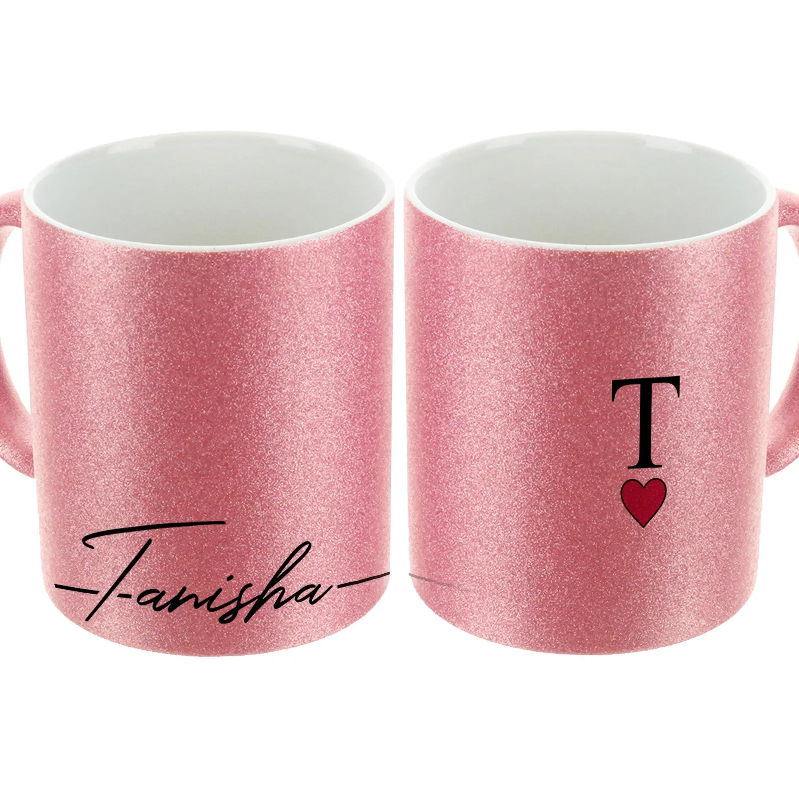 Personalised Glitter Mug with Elegant Text and Heart Accented Initial