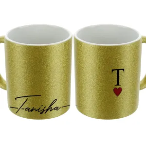 Personalised Glitter Mug with Elegant Text and Heart Accented Initial