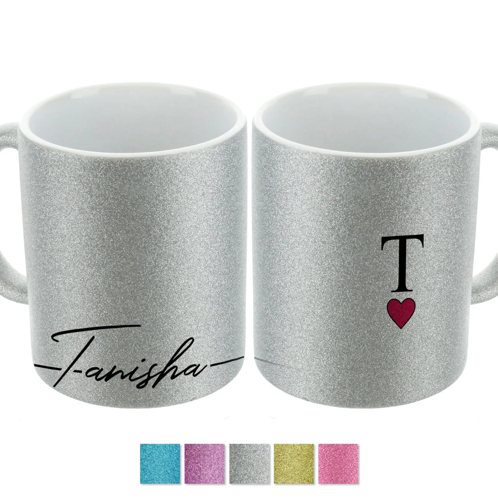 Personalised Glitter Mug with Elegant Text and Heart Accented Initial