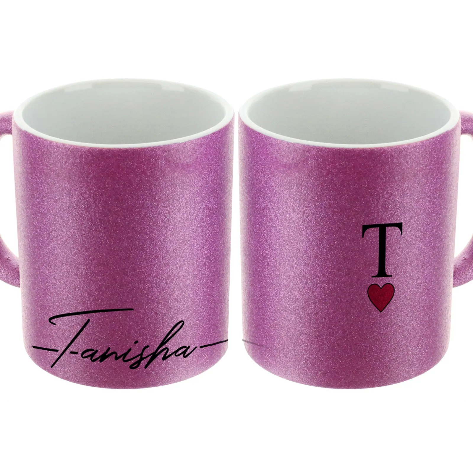 Personalised Glitter Mug with Elegant Text and Heart Accented Initial