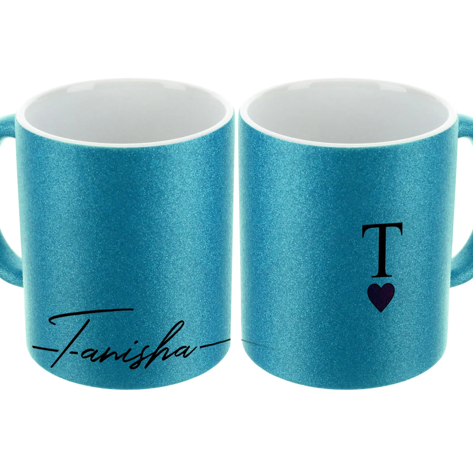Personalised Glitter Mug with Elegant Text and Heart Accented Initial