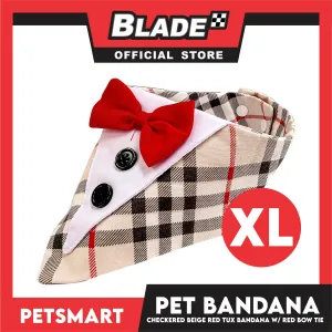 Pet Bandana Checkered Beige Red Tuxedo Bandana with Red Bow Tie Design (XL) Perfect Fit for Dogs and Cats