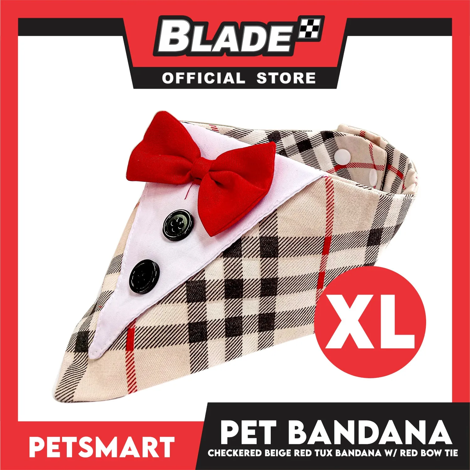 Pet Bandana Checkered Beige Red Tuxedo Bandana with Red Bow Tie Design (XL) Perfect Fit for Dogs and Cats