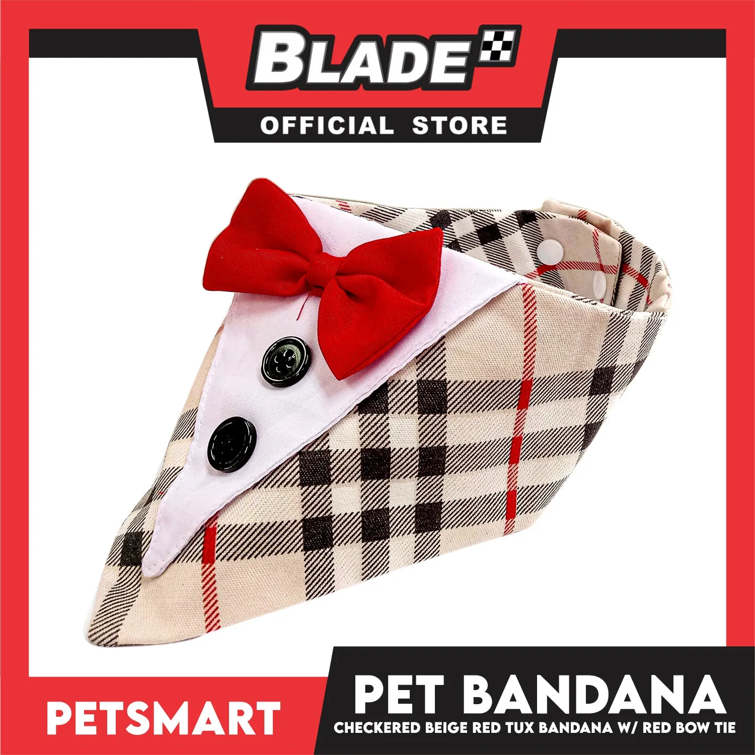 Pet Bandana Checkered Beige Red Tuxedo Bandana with Red Bow Tie Design (XL) Perfect Fit for Dogs and Cats