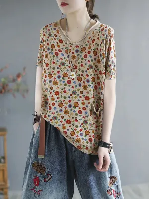 Plus Size Women Summer Casual Flower Knitted Shirt