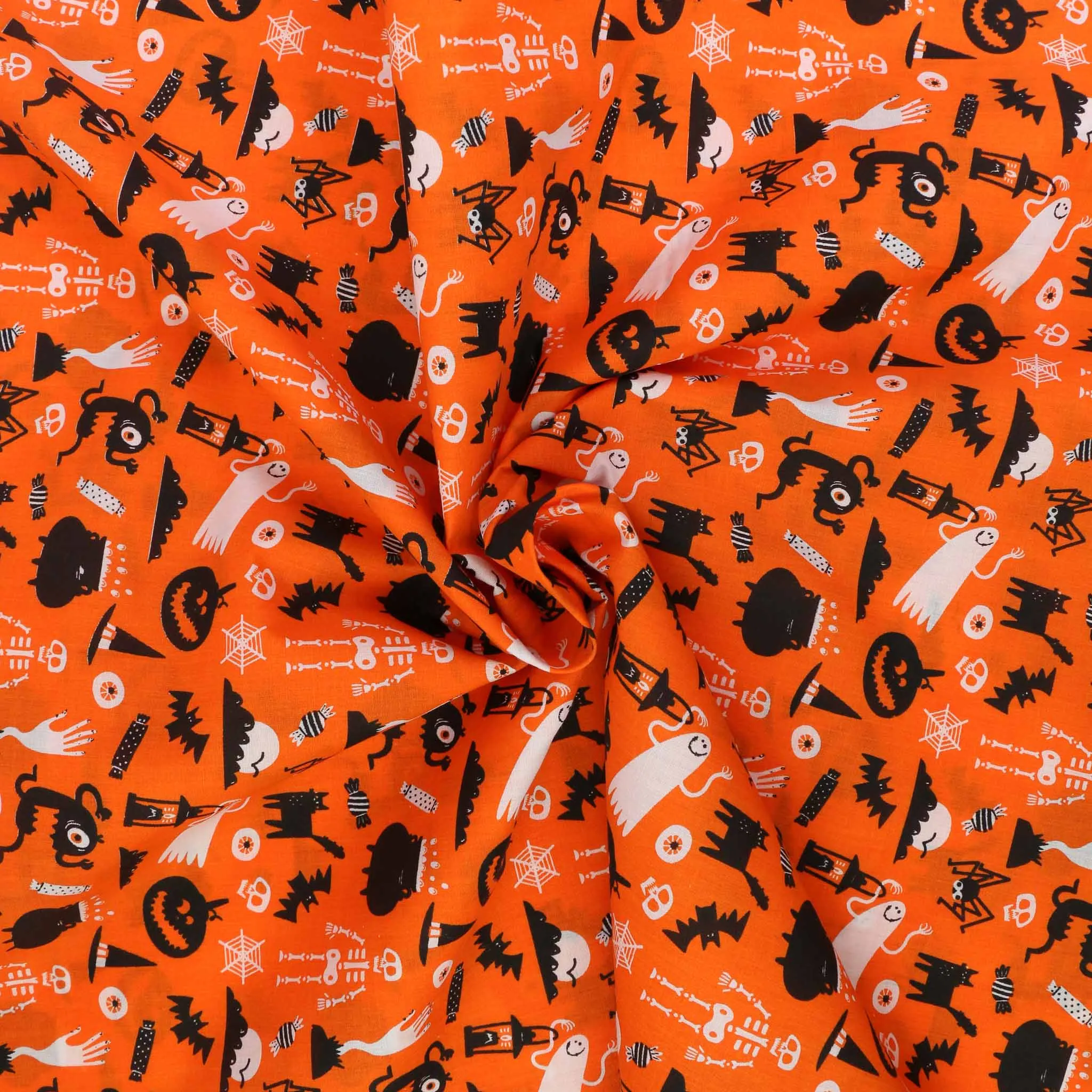 PolyCotton Poplin Fabric - Black, orange