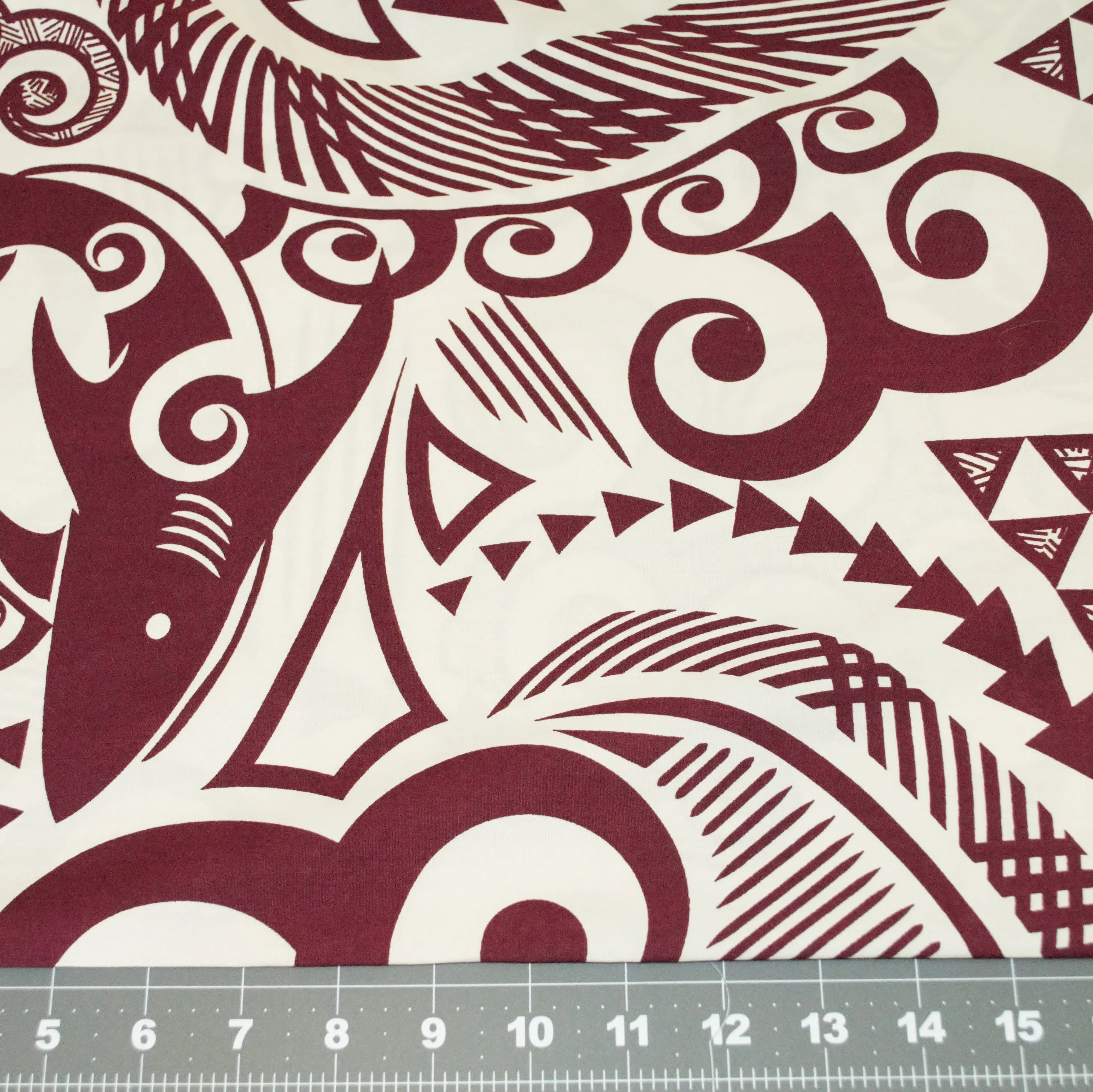 Polynesian Tapa Sharks Burgandy on Ecru